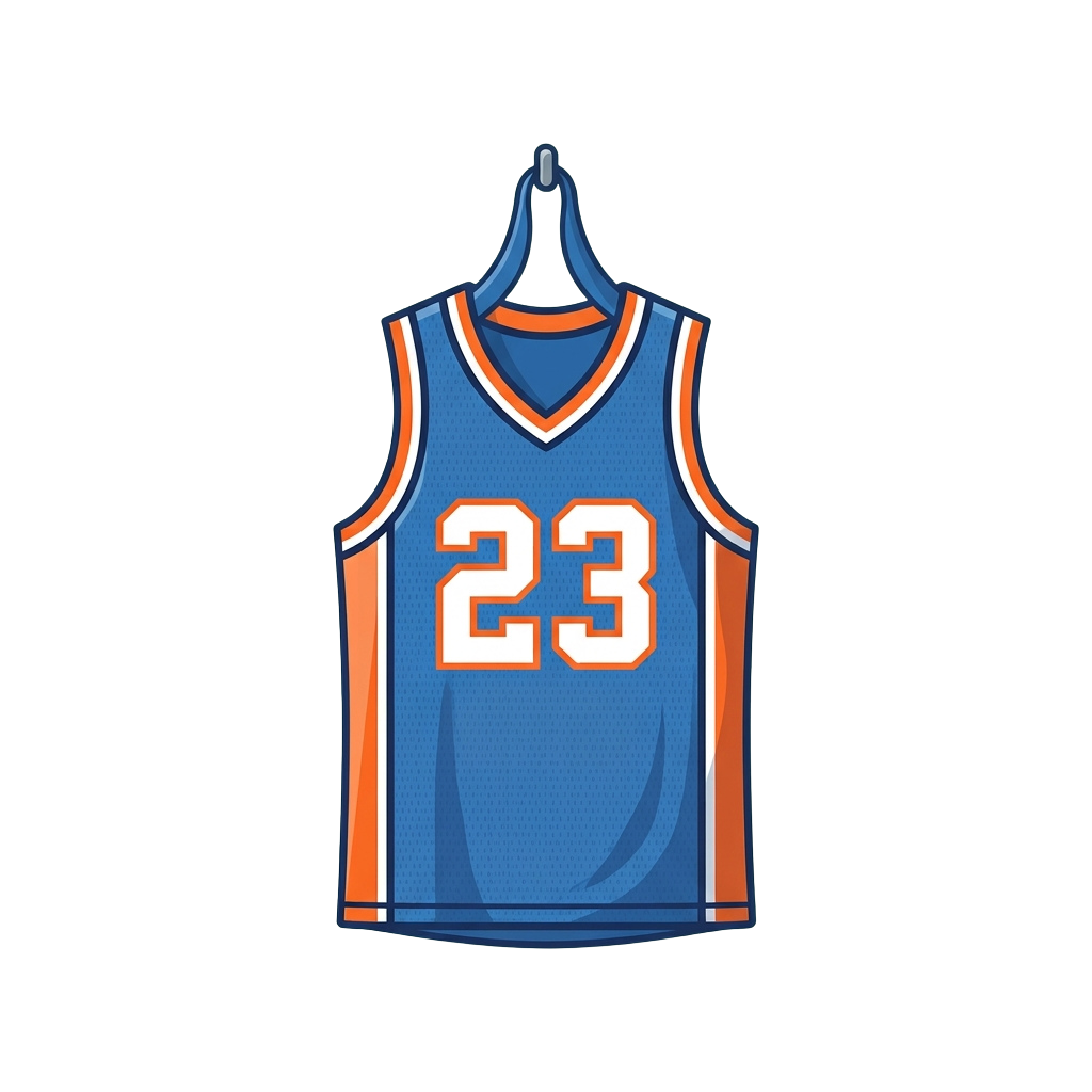Blue basketball jersey with orange and white trim displaying the number 23 hanging on a hook