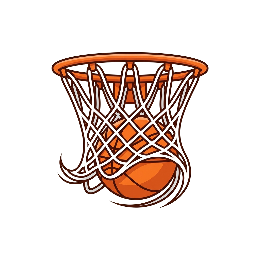 A basketball going through a white net on an orange basketball hoop against a black background