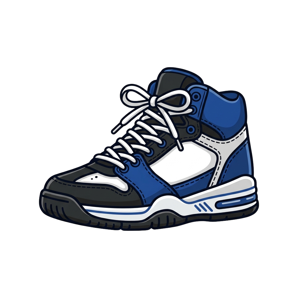 Illustration of a high-top sneaker in blue, white, and gray colors with laces tied in a bow.