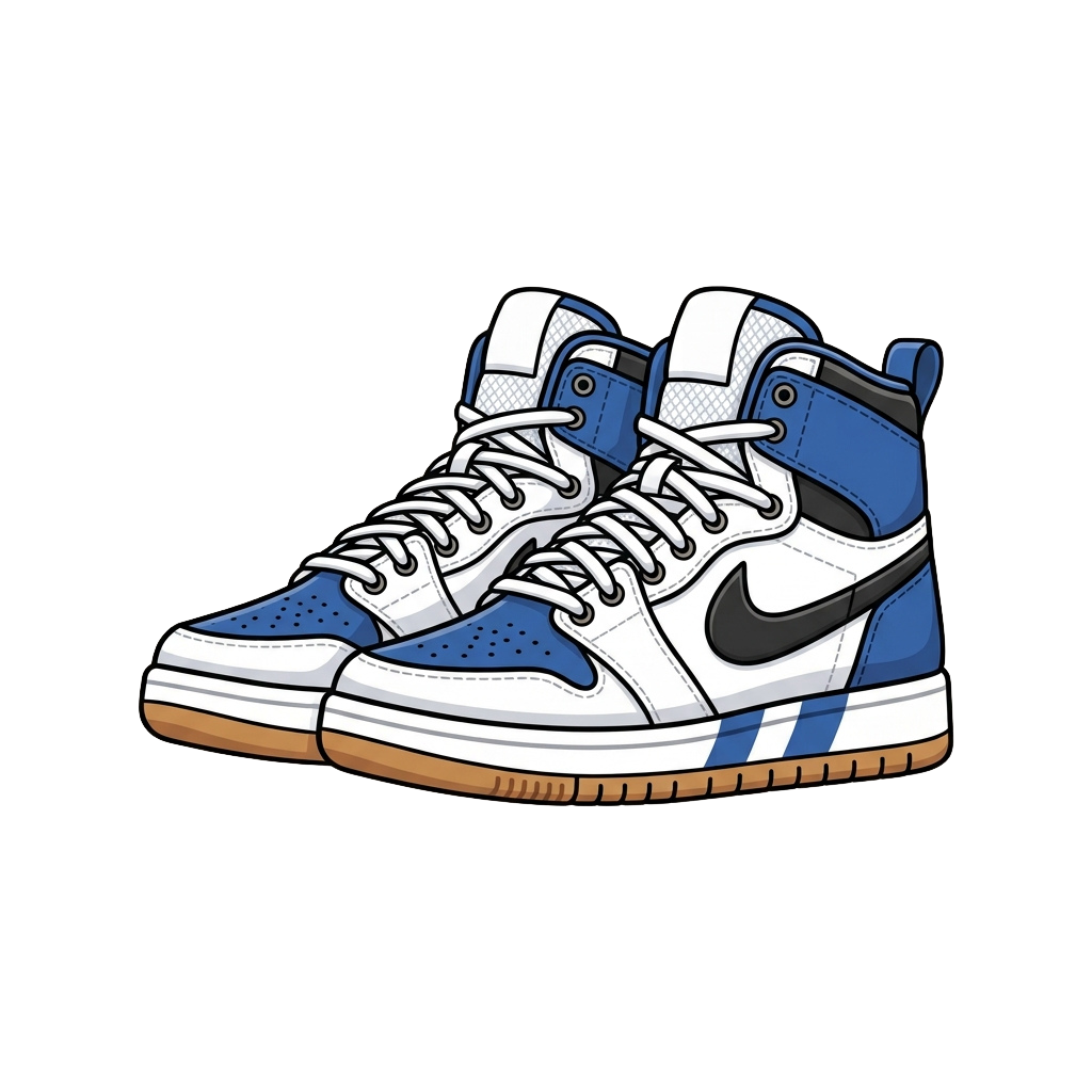 Illustration of blue and white high-top sneakers with black accents and a light brown sole.