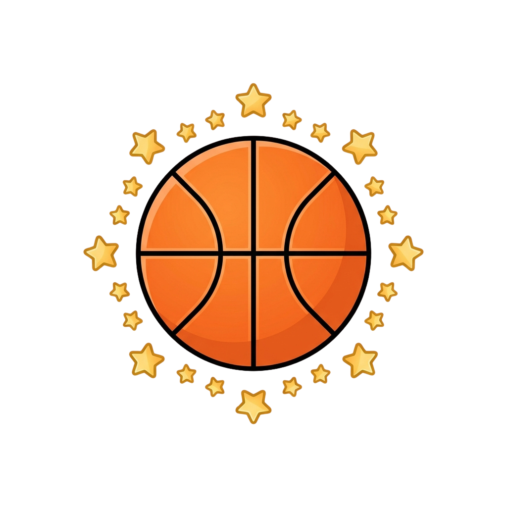 Orange basketball with black lines and a border of golden stars on a black background