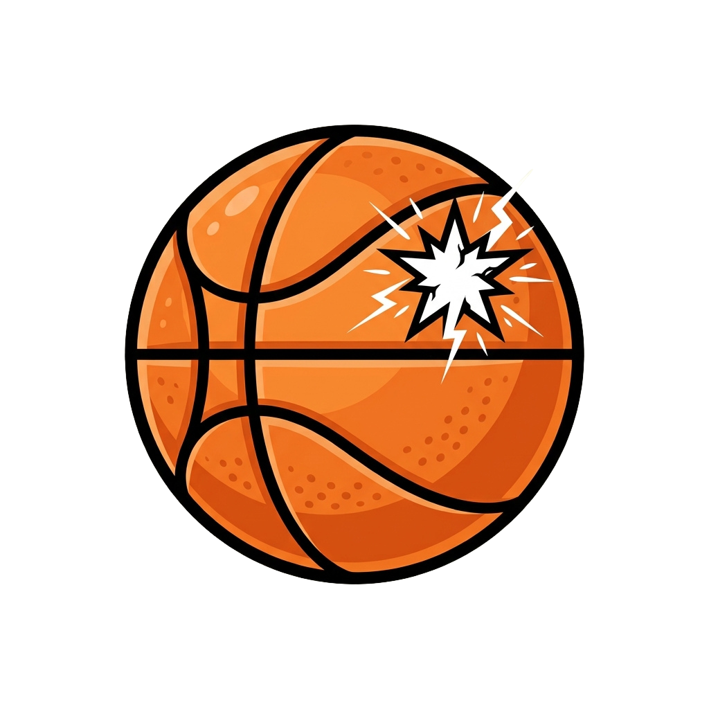 A stylized orange basketball with a crack and explosion effect on its surface
