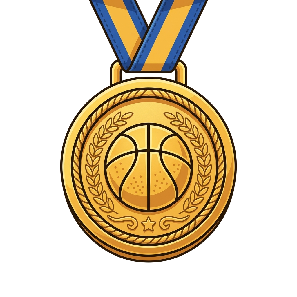Illustration of a gold medal featuring a basketball design and laurel wreath, suspended from a blue and yellow ribbon