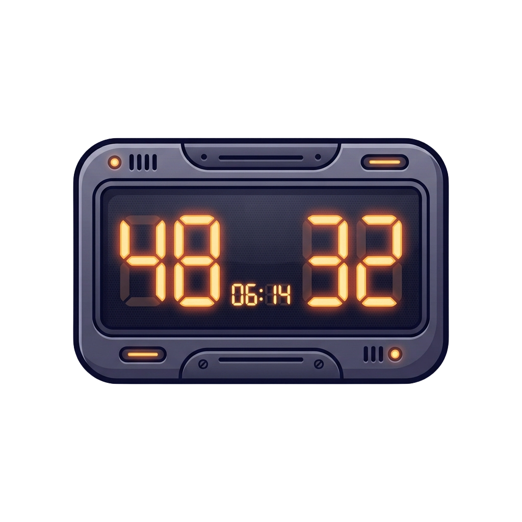 Digital thermometer showing temperatures 48 and 38 degrees with time 06:14