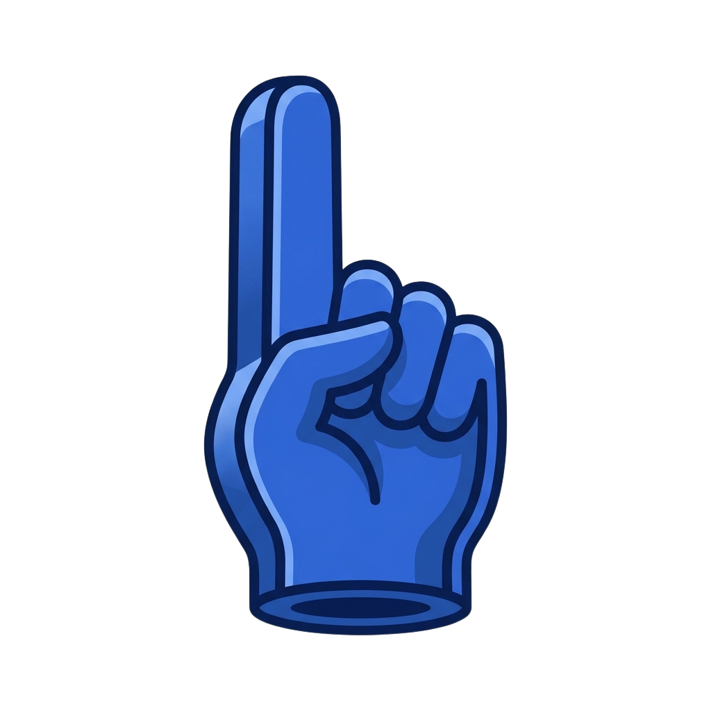 A blue finger glove raised with one finger extended to show a cheer gesture