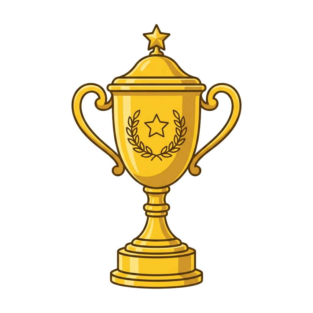 Illustration of a golden trophy cup featuring a star and laurel wreath design on its front.
