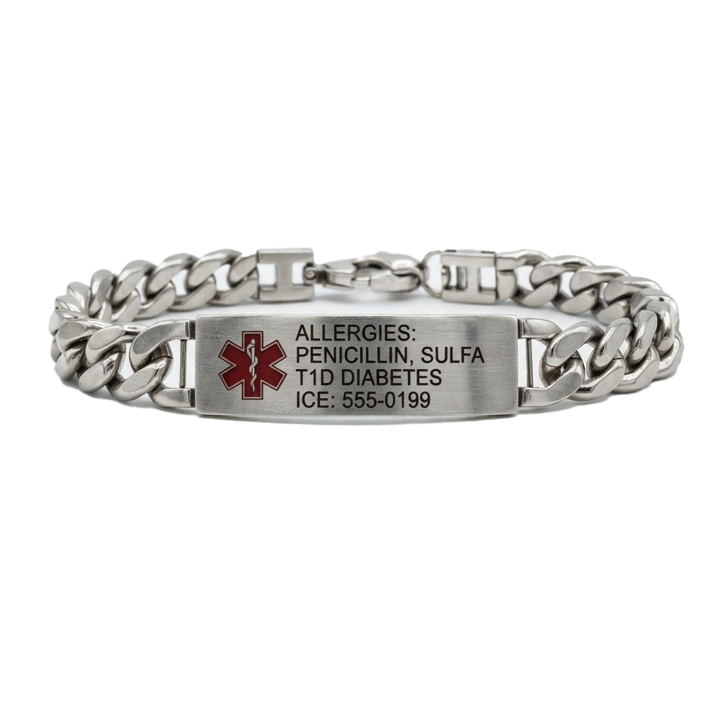 Silver chain bracelet with engraved medical alert info showing allergies to penicillin and sulfa, T1D diabetes, and ICE contact number.