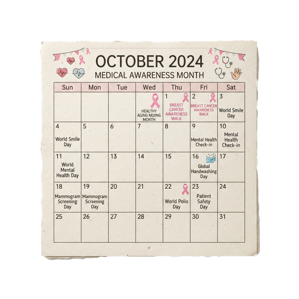 Calendar showing October 2024 medical awareness days with icons and dates for events like Breast Cancer Awareness and World Mental Health Day