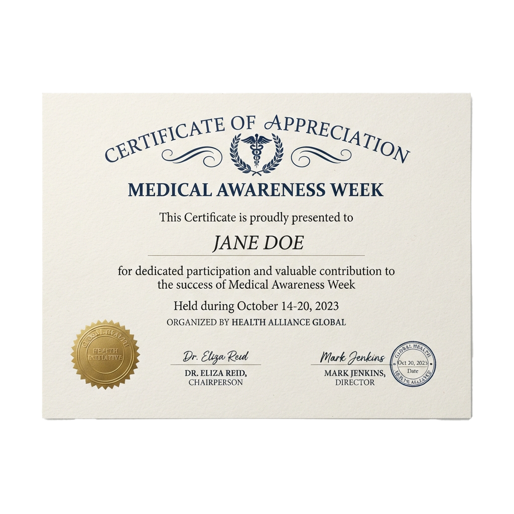 Certificate of Appreciation for Medical Awareness Week participation awarded to Jane Doe in 2023