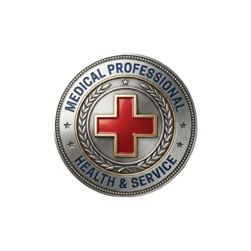 Shiny metal badge featuring a red cross surrounded by a laurel wreath with text Medical Professional Health Service