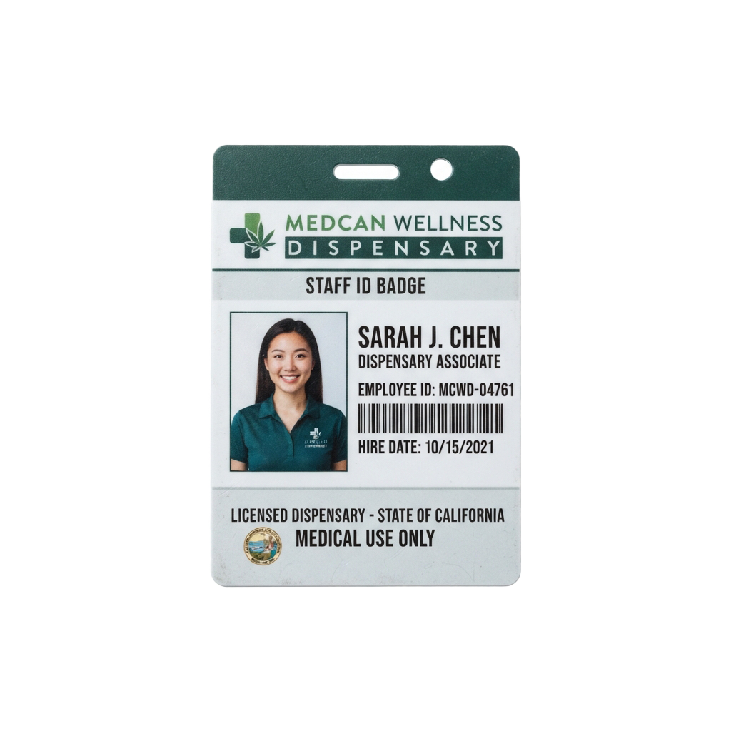 Staff ID badge for a medical cannabis dispensary showing a photo, name, employee ID, and hire date