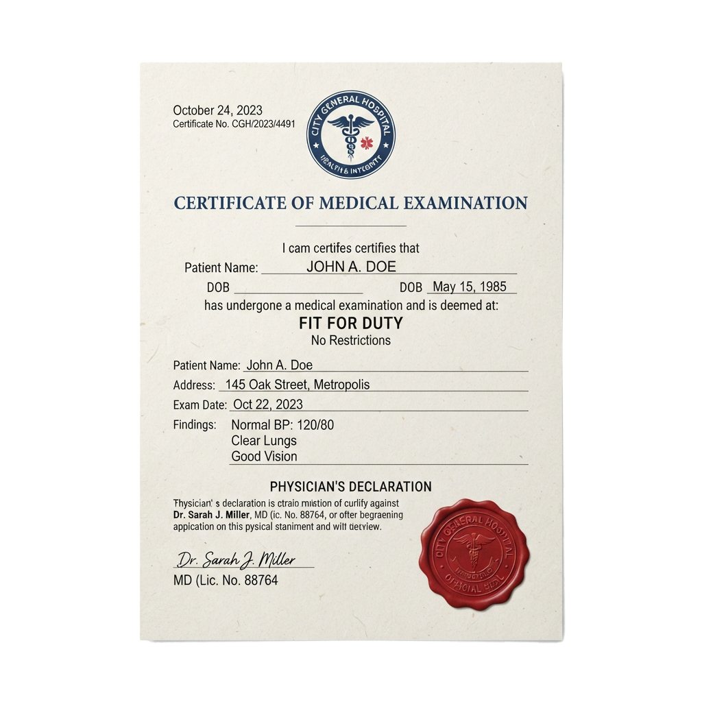 Medical certificate declaring a patient fit for duty with exam details and physician signature