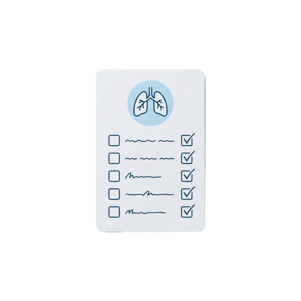 Illustration of a card with lungs icon and five checked respiratory sound symbols