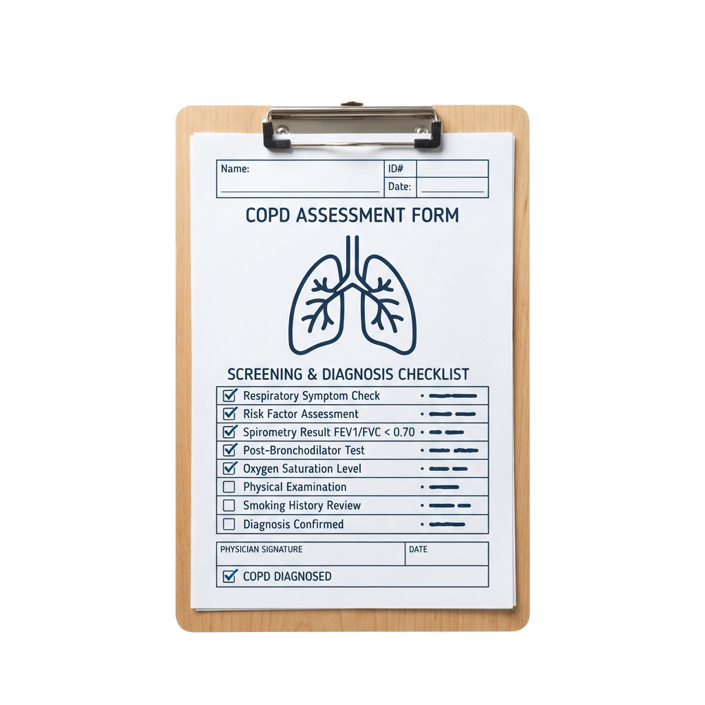 Clipboard showing COPD assessment checklist with lungs illustration and completed screening items