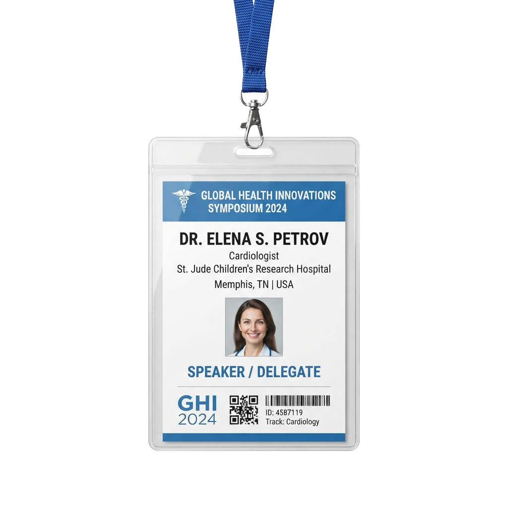Conference badge for a cardiologist speaker at the Global Health Innovations Symposium 2024 with photo, name, and credentials