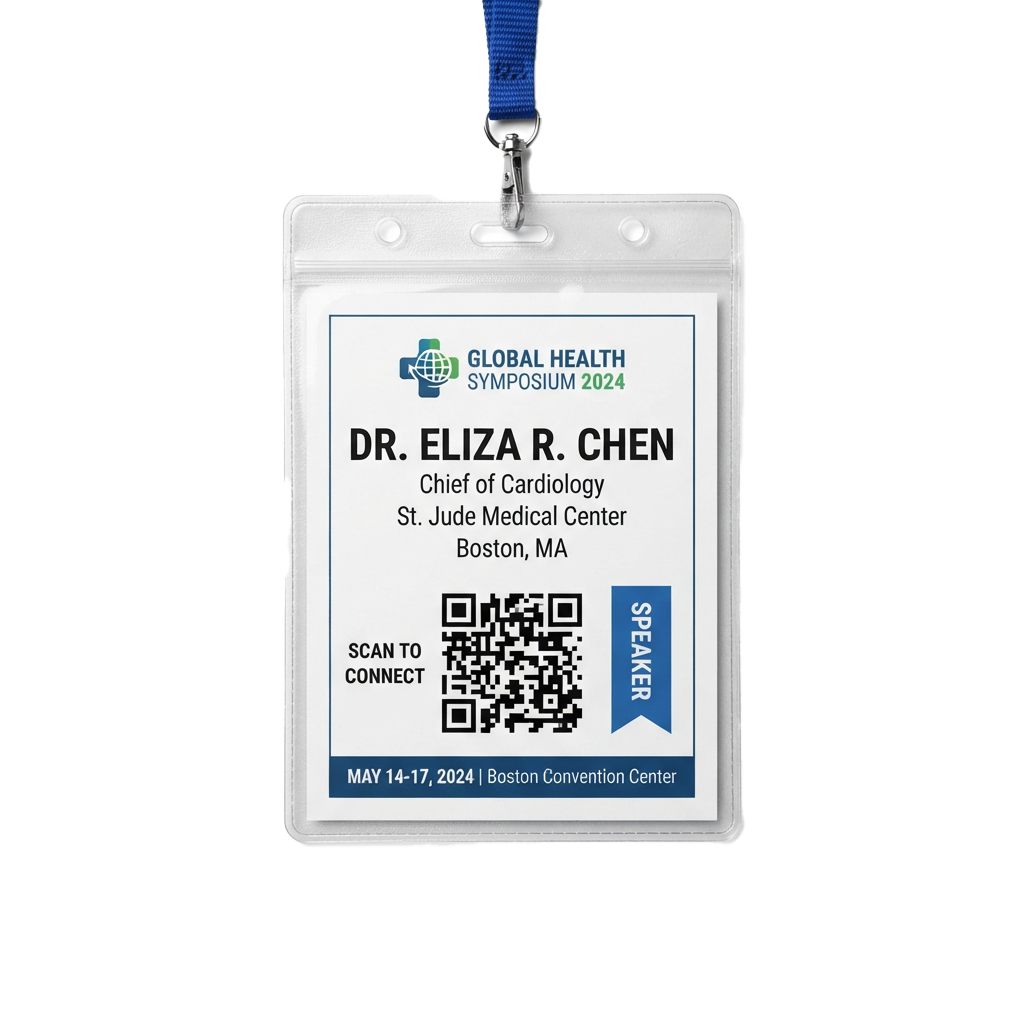 A lanyard badge for a speaker at the Global Health Symposium 2024 featuring a QR code and event details.