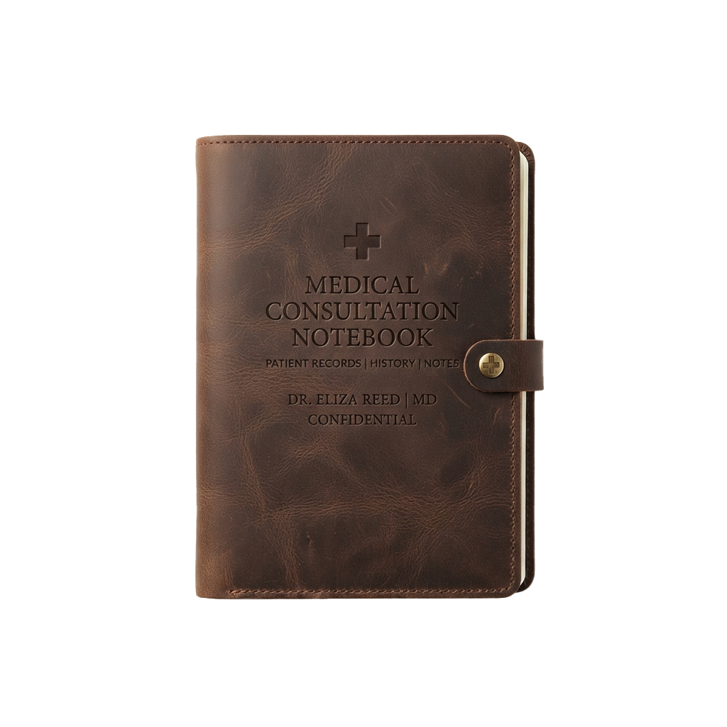Brown leather notebook labeled Medical Consultation Notebook with a cross symbol and confidential text