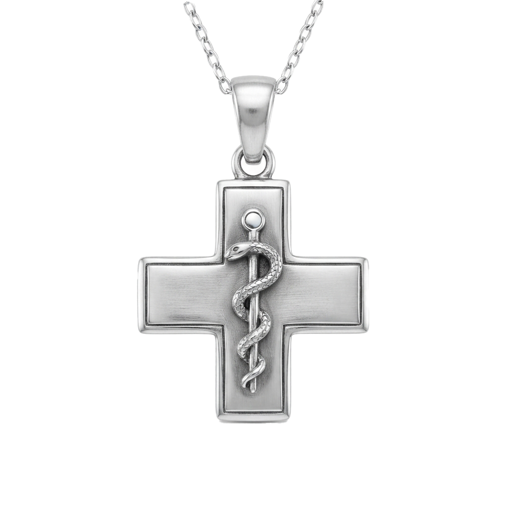 A silver cross pendant featuring a caduceus symbol in the center, hanging from a silver chain.
