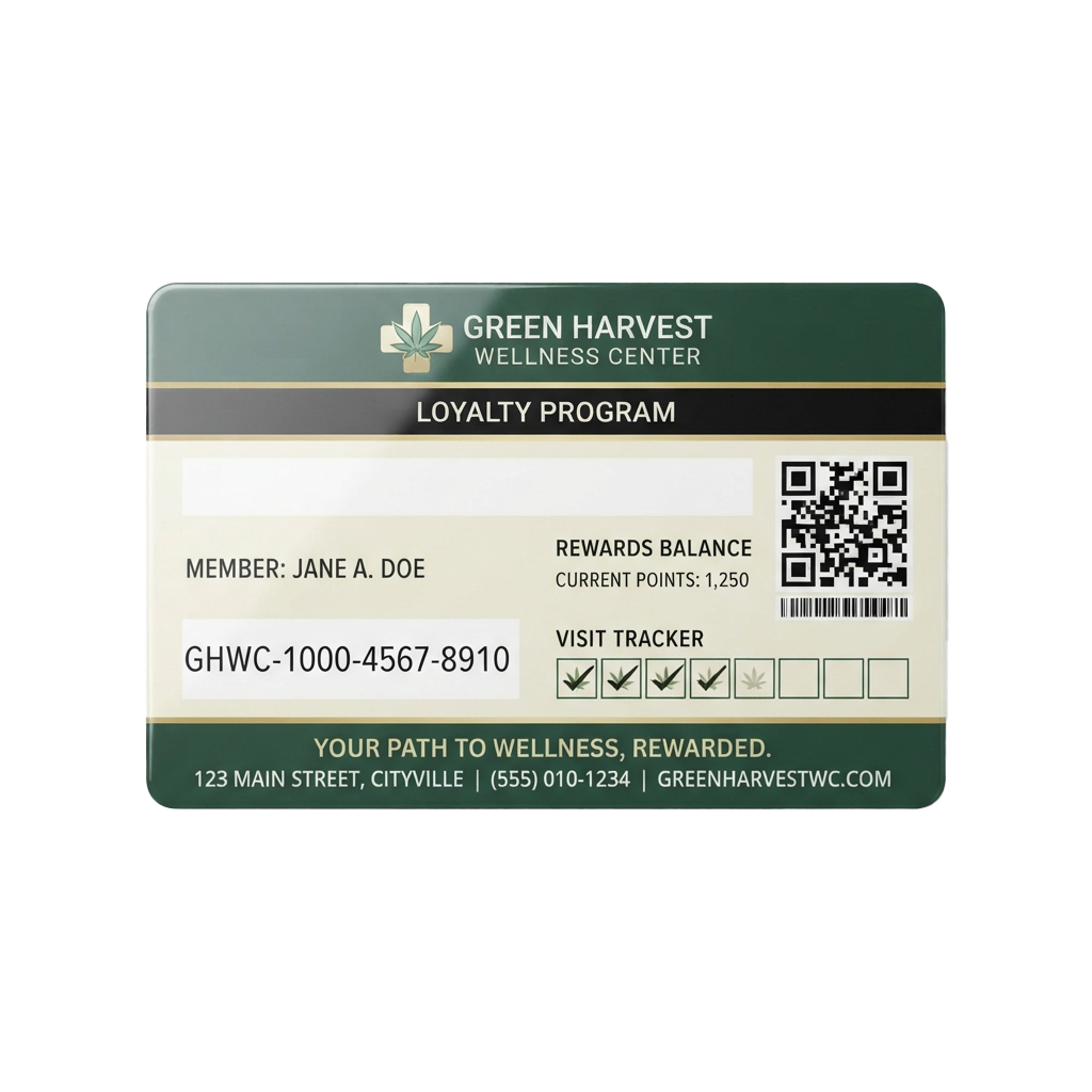 Loyalty card from a wellness center showing member name, points balance, and visit tracker