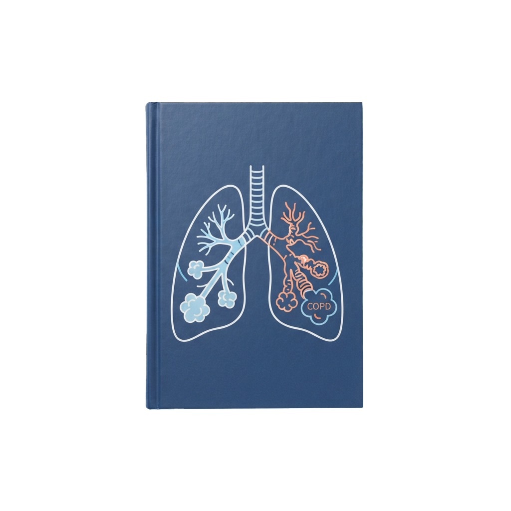 Notebook cover showing a medical illustration of lungs with COPD highlighted in orange.