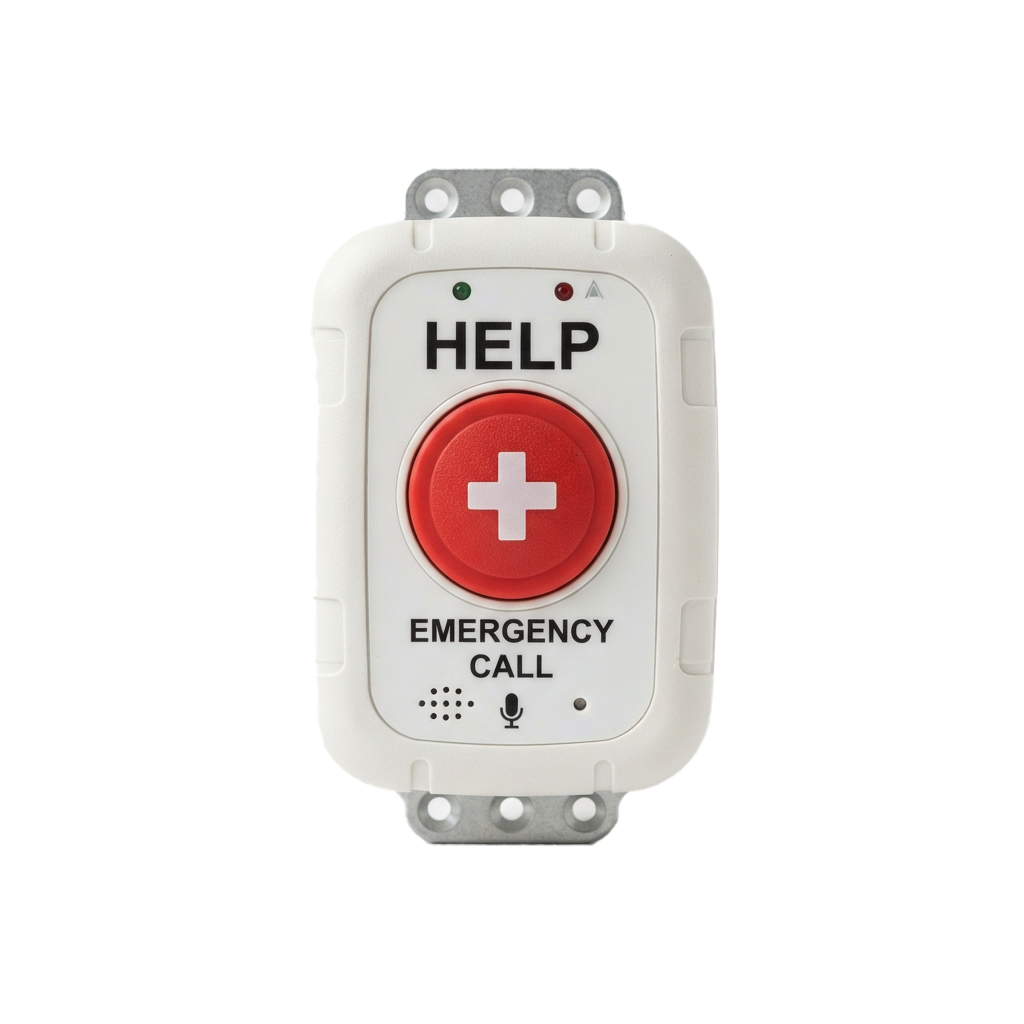 Emergency call device featuring a red help button with a cross symbol and text reading HELP and EMERGENCY CALL