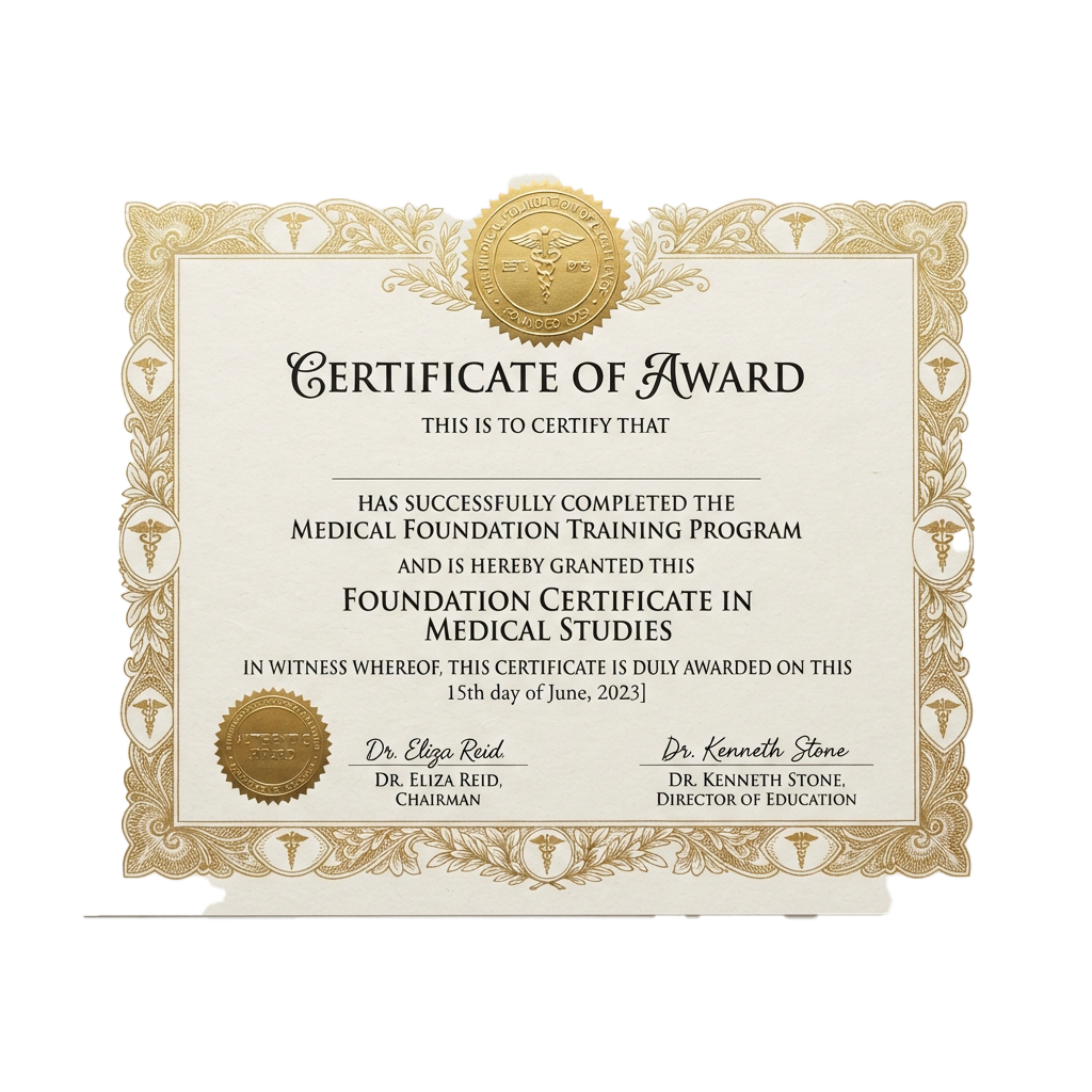 Certificate of Award for completing Medical Foundation Training Program dated June 15, 2023