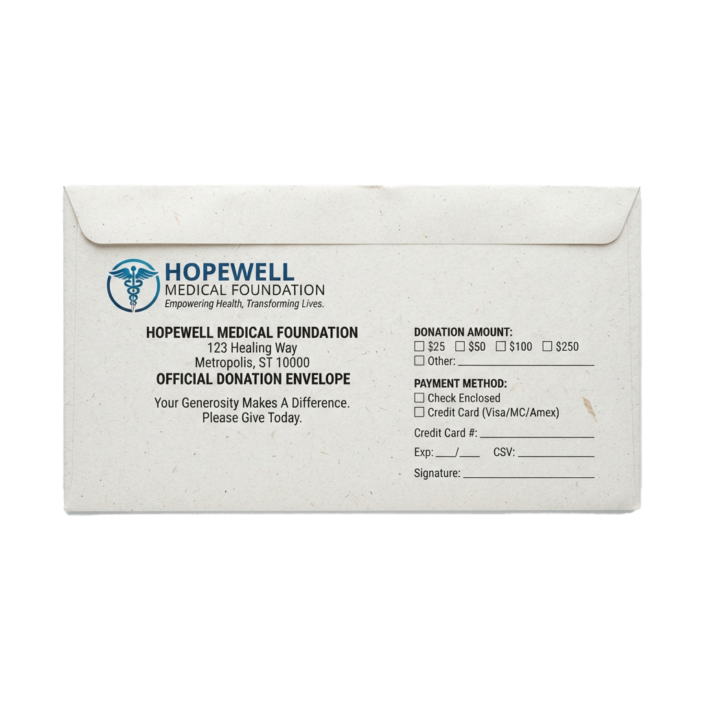 Official donation envelope for a medical foundation with donation amounts and payment method options.