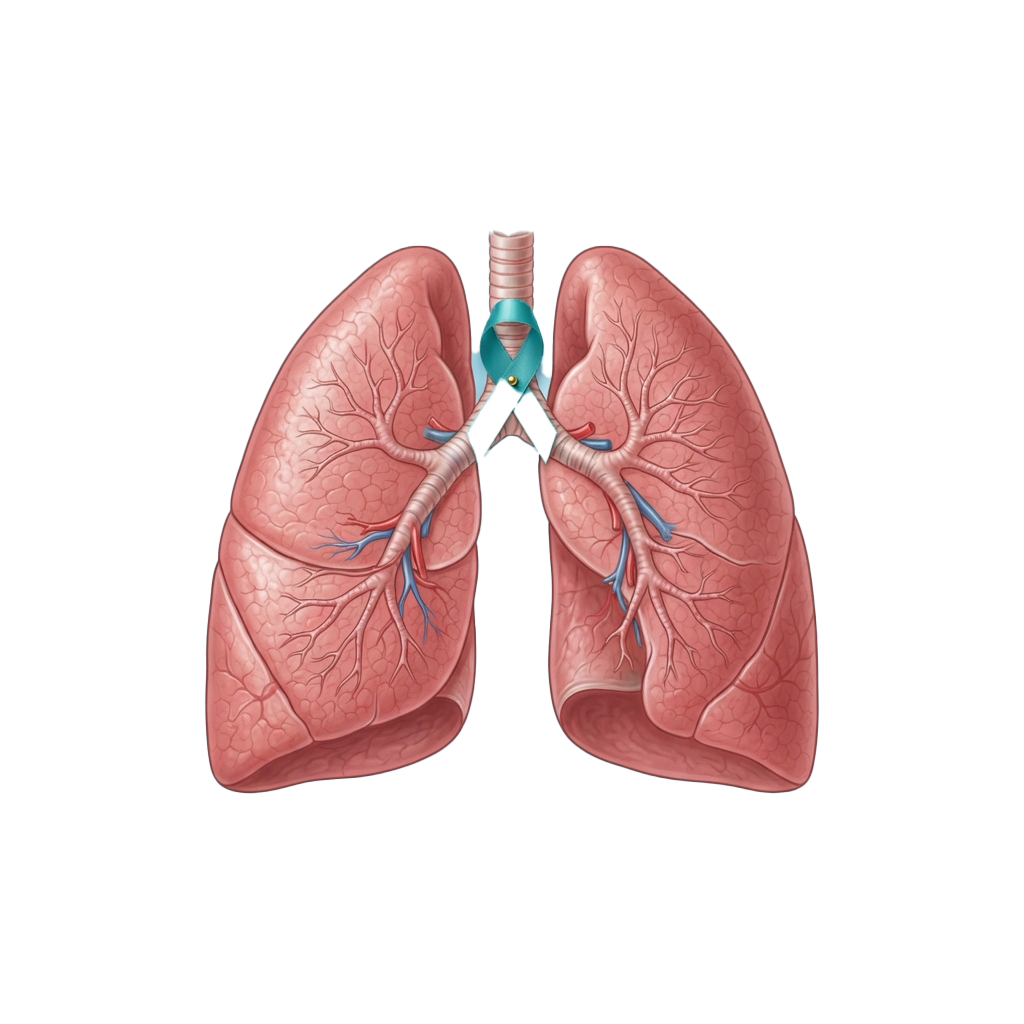Illustration of human lungs showing bronchial tree, trachea, and blood vessels