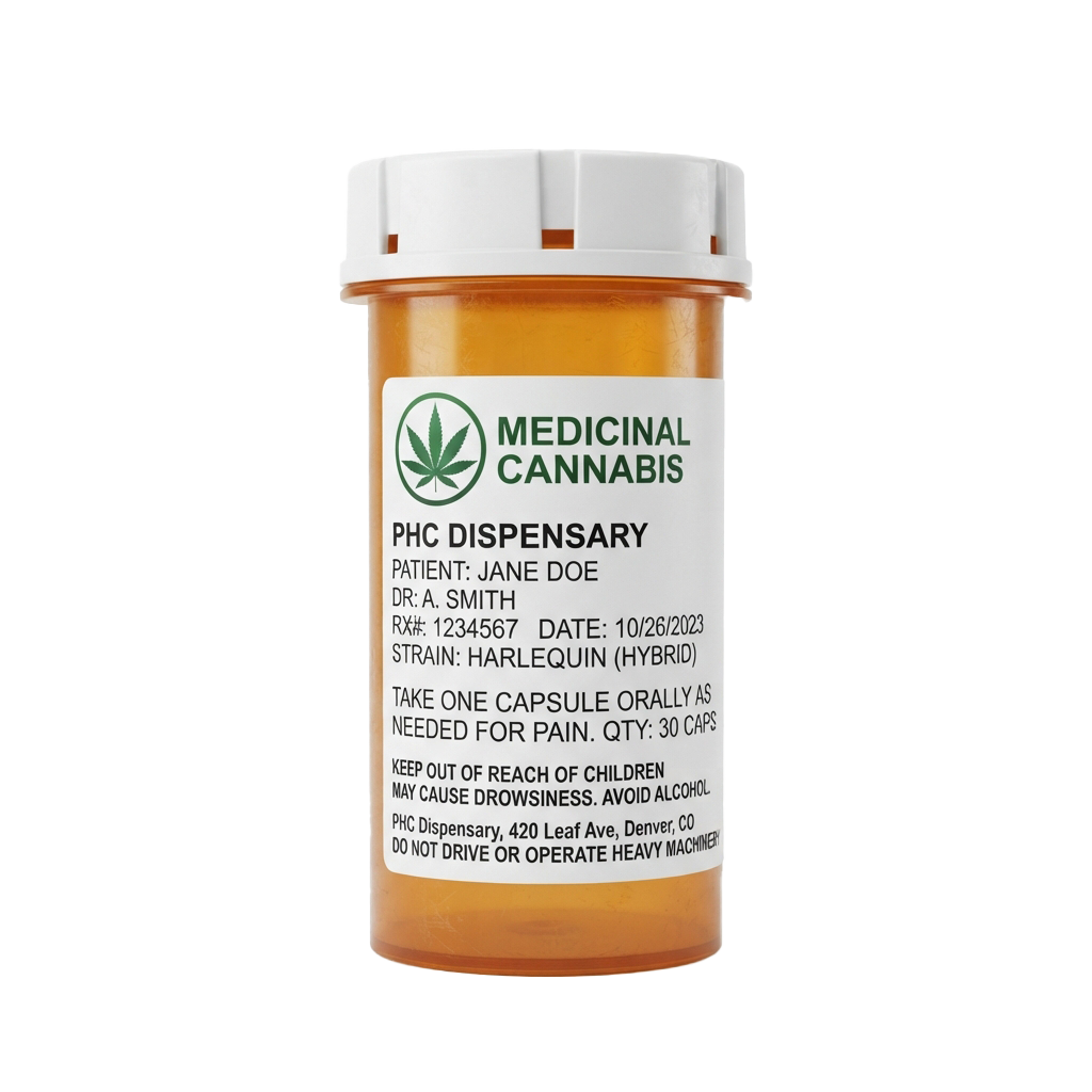 Orange prescription bottle labeled Medicinal Cannabis with dosage instructions for pain management