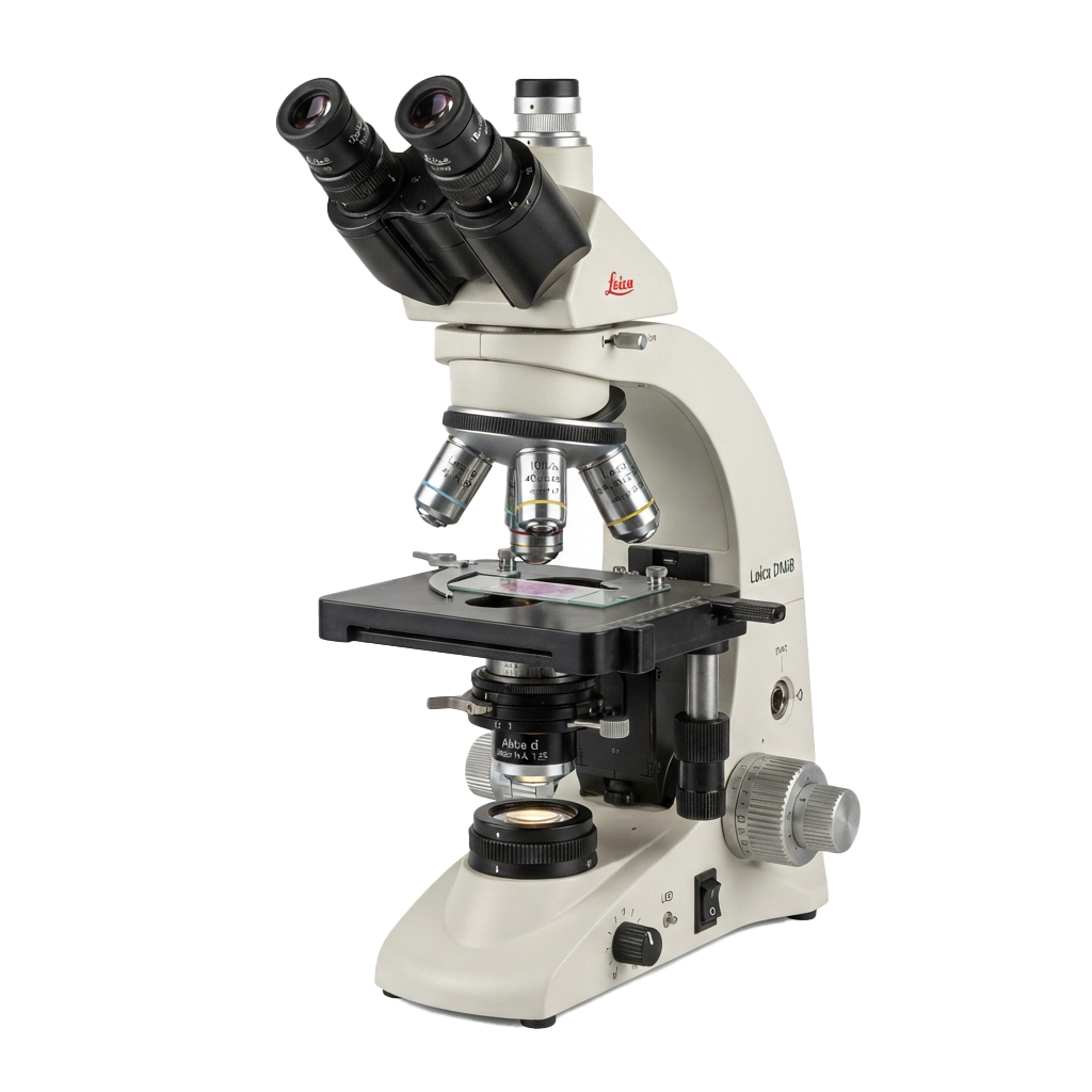 A high-quality laboratory microscope with dual eyepieces and adjustable focus knobs on a black background