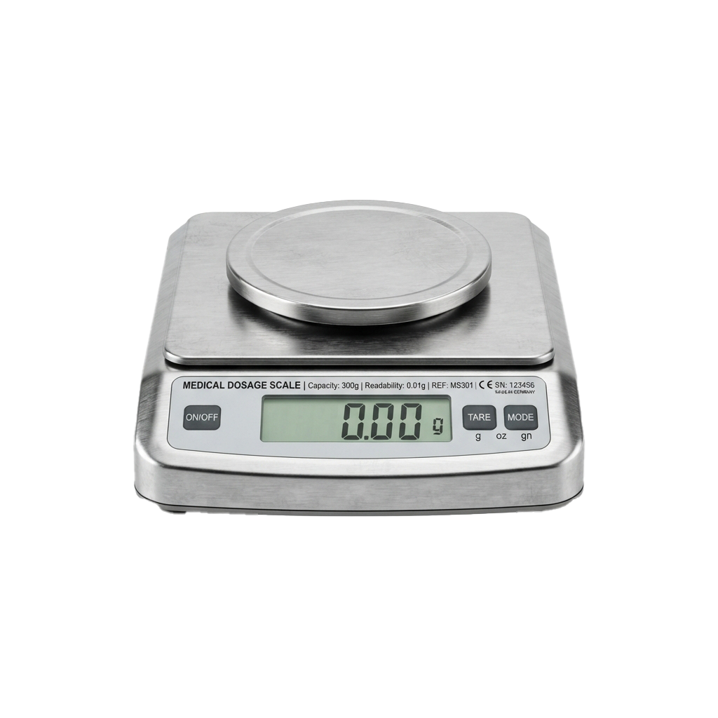 Digital medical dosage scale showing zero reading with a 300g capacity and 0.01g readability