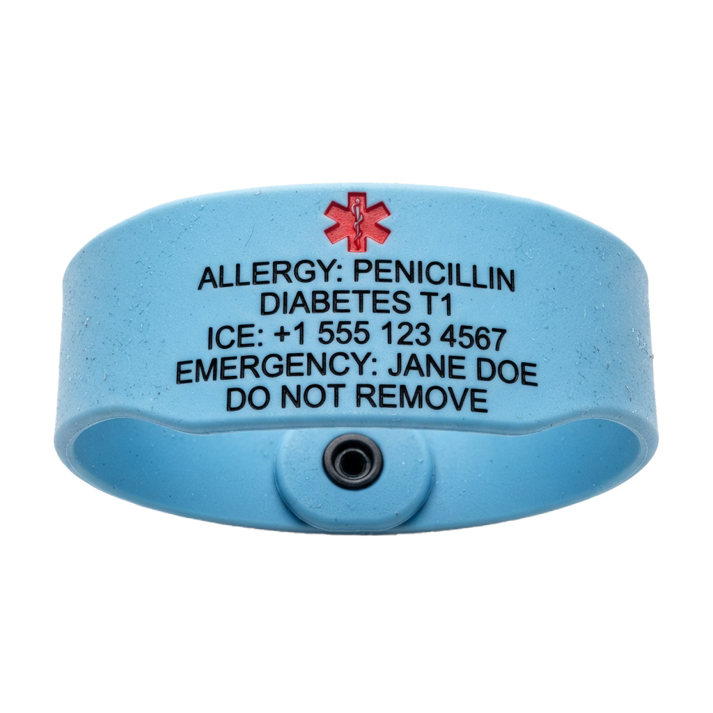 Blue medical alert bracelet listing penicillin allergy, type 1 diabetes, ICE contact number, and emergency contact name