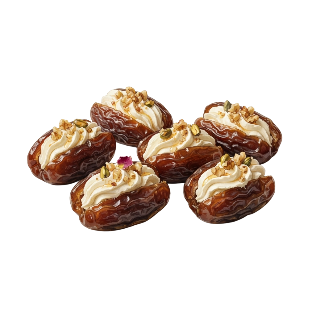 Five stuffed dates topped with whipped cream and chopped nuts on a dark background