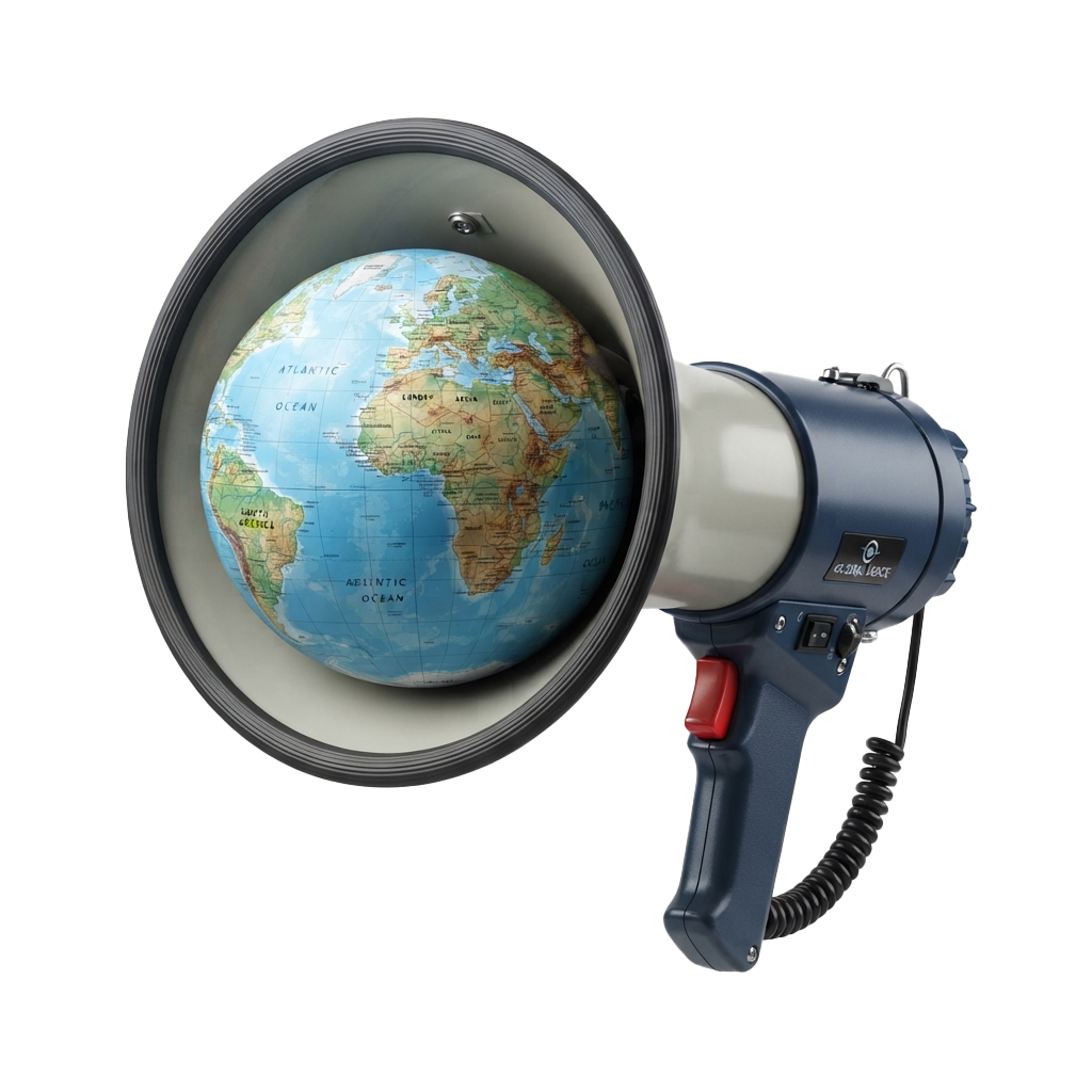 A megaphone with a globe inside its circular opening, displaying continents and oceans.