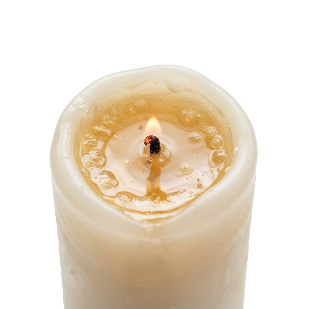 A lit ivory-colored candle with a small flame in the center, emitting a warm glow.