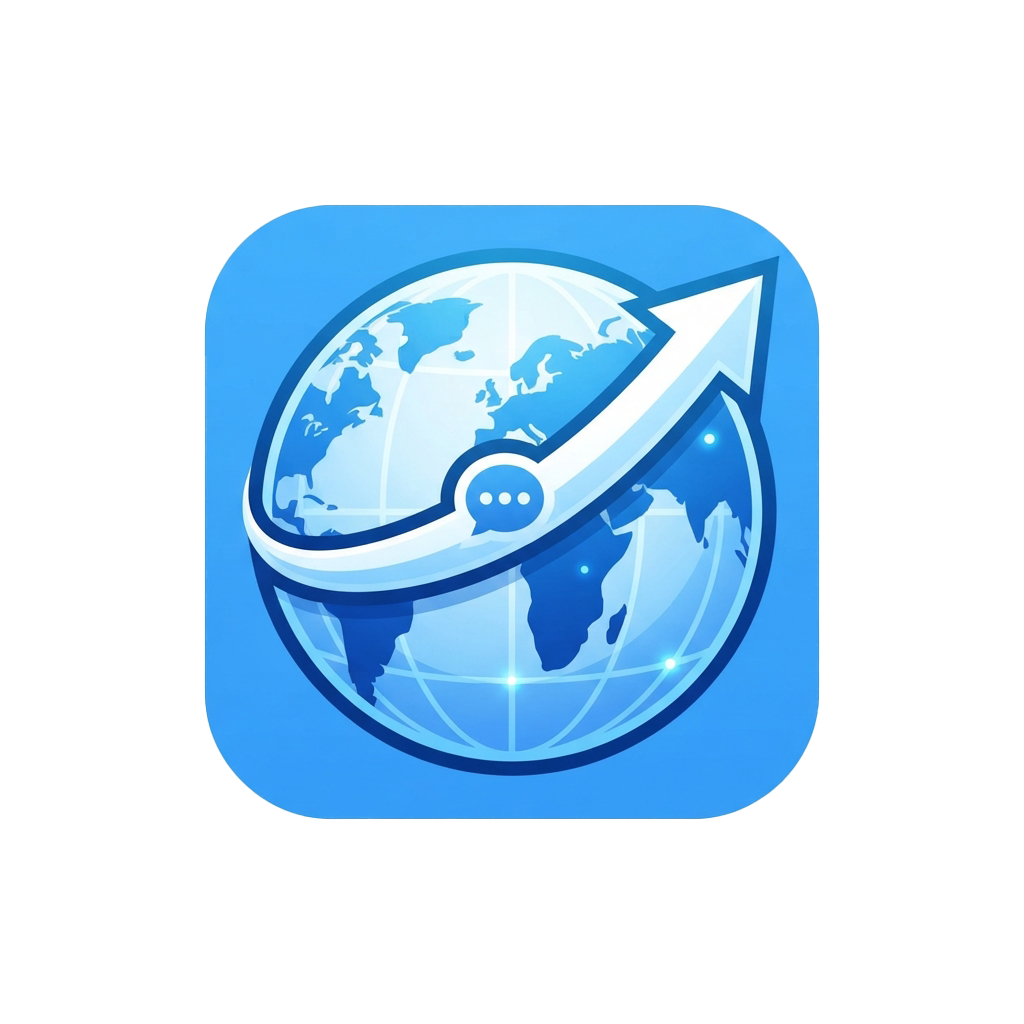A stylized globe with a speech bubble containing chat icons, symbolizing worldwide communication.