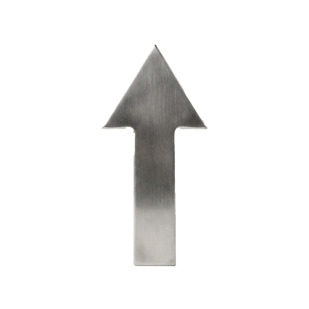 A sleek, metallic arrow pointing upwards against a black background