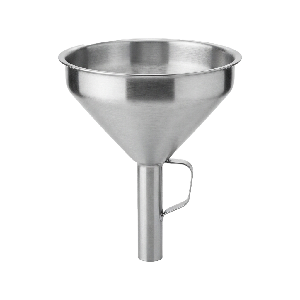 A shiny stainless steel funnel with a handle for pouring liquids