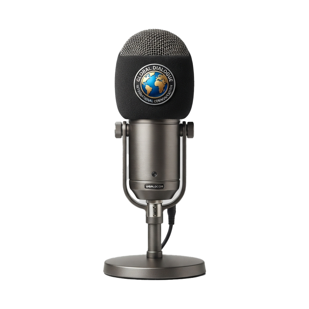 USB microphone with a black mesh grille and metallic body on a stand, featuring a globe logo.
