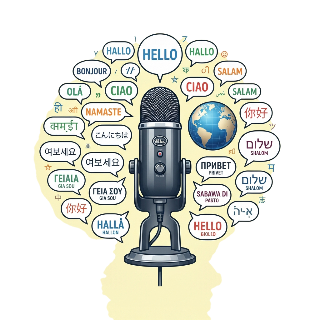 A lightbulb with a microphone inside displaying various global greetings like hello, hola, ciao, and more