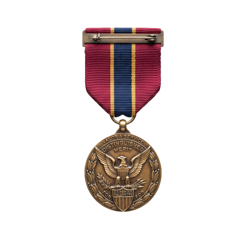 Bronze medal with eagle emblem and red, white, and blue ribbon labeled Valor and Distinguished Service
