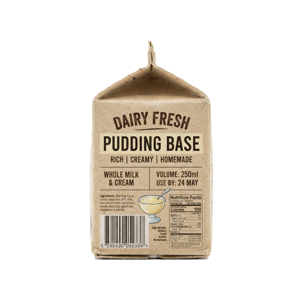 Brown paper package of dairy pudding base made with whole milk and cream, 250ml volume, use by 24 May.