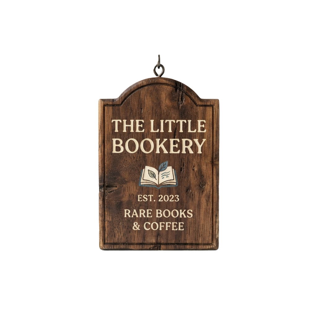 Wooden sign for a bookery featuring text The Little Bookery, an open book icon, and Rare Books & Coffee with establishment year 2023