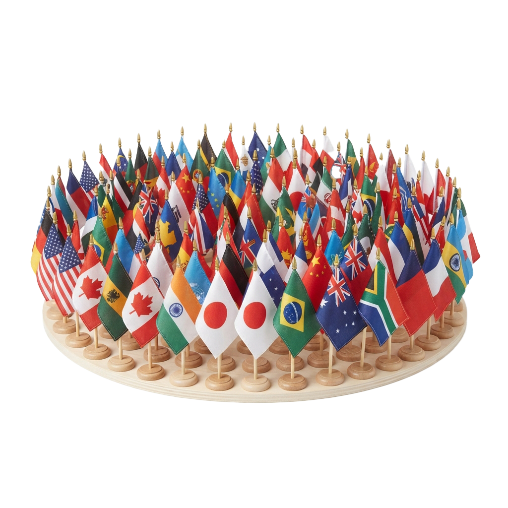 Miniature flags of various countries arranged in a circular pattern on a wooden stand