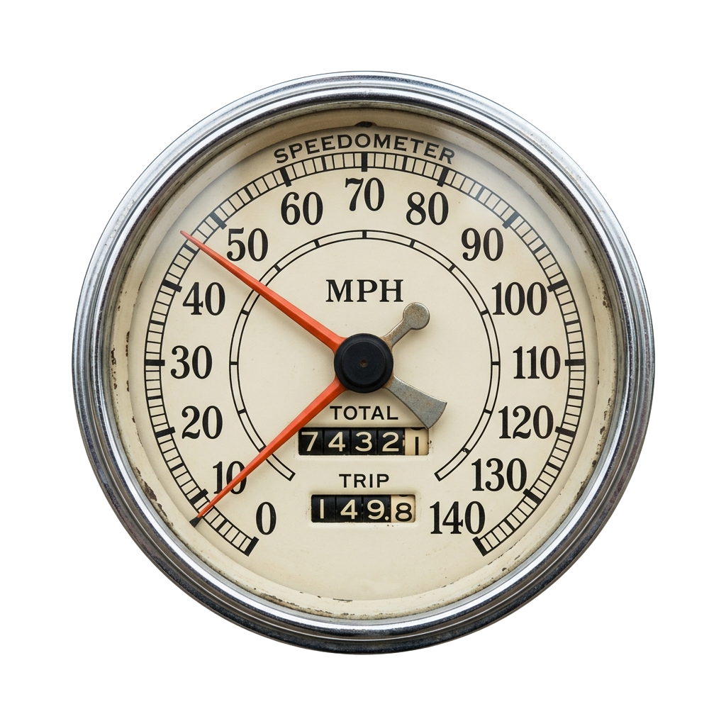 Analog speedometer displaying 50 MPH, total mileage 74321, and trip mileage 149.8 miles