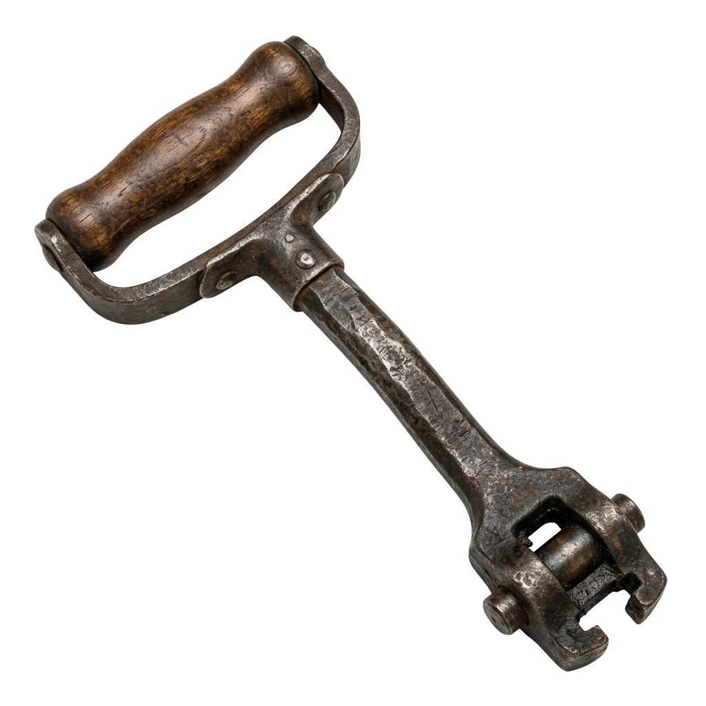 An old metal hand tool with a wooden handle, featuring a claw and a hook end.