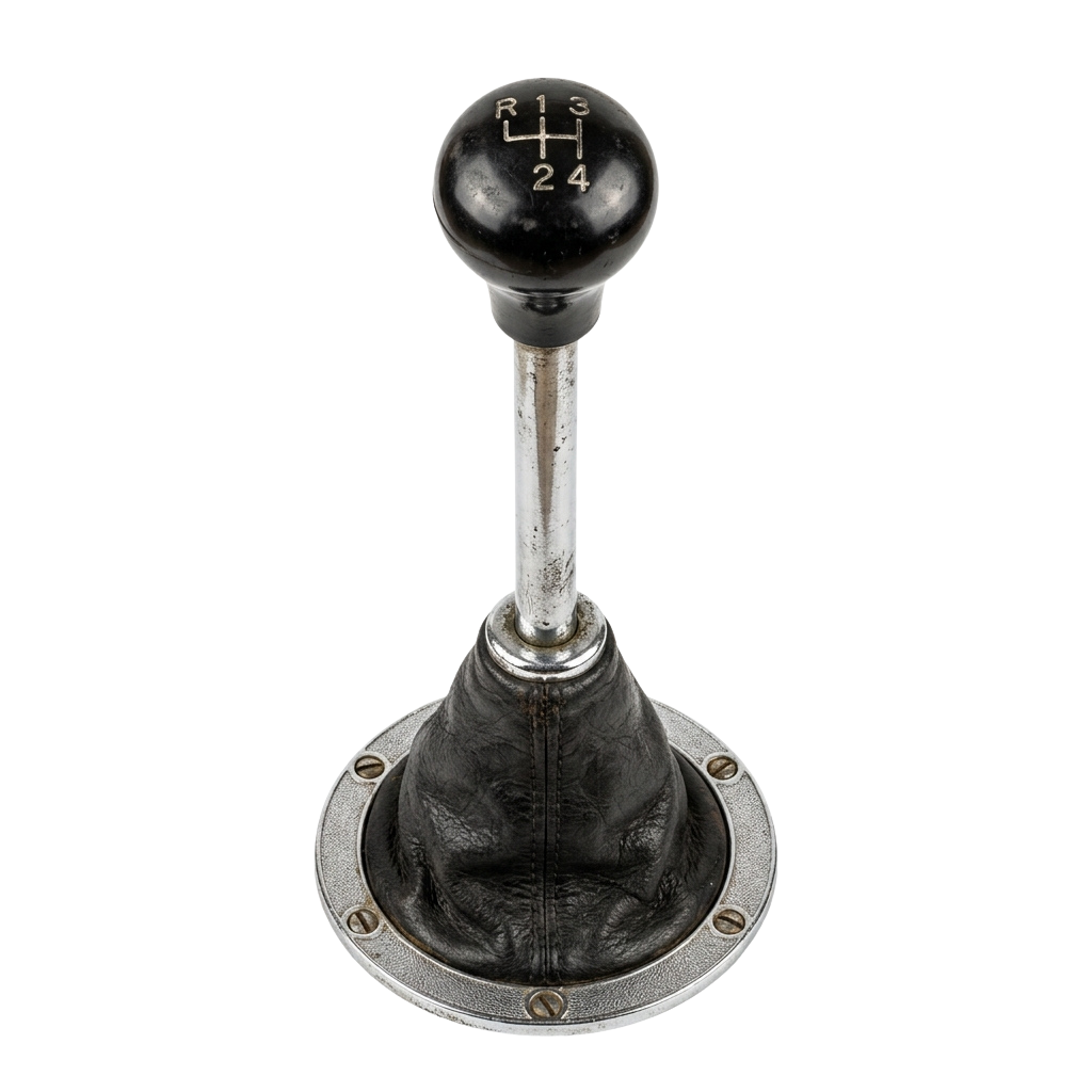 A classic gear shift knob featuring a black spherical top and chrome shaft with a metallic base plate.