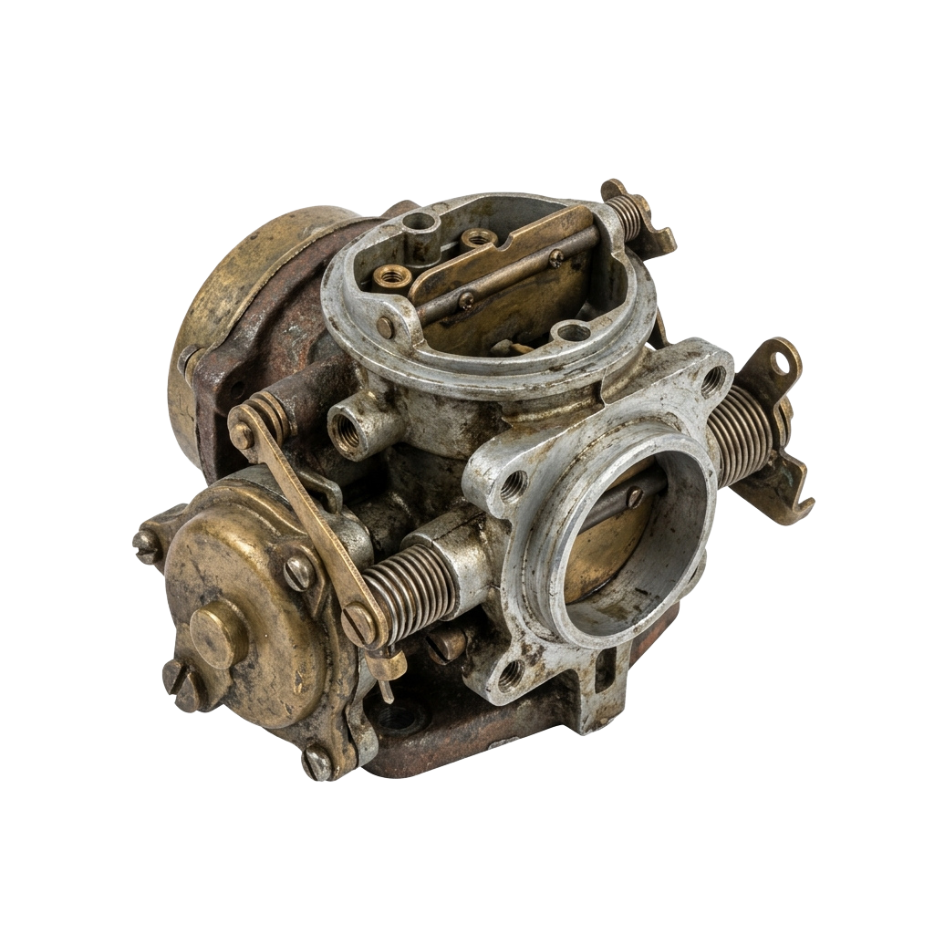 Close-up of an old, corroded carburetor with visible springs and metal parts