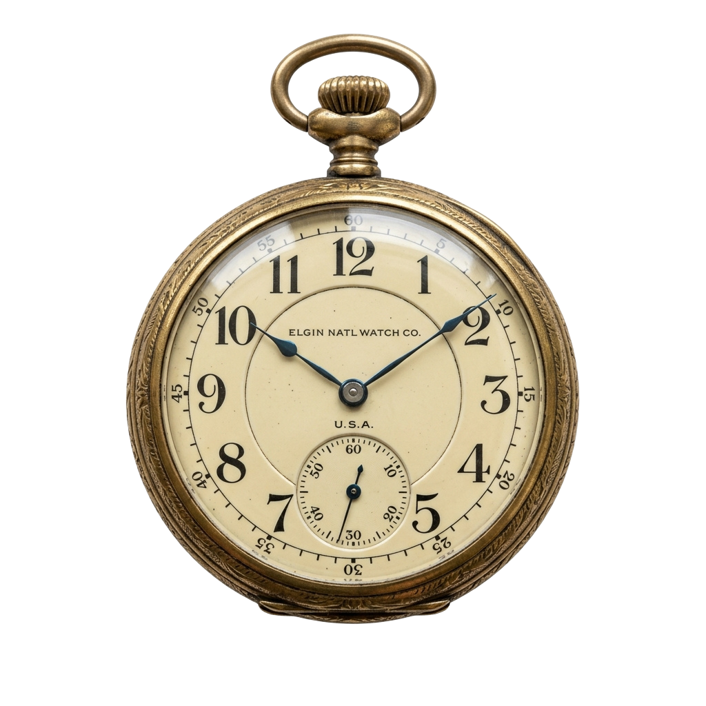 Antique pocket watch with a round face, sub-dial, and brand markings reading Elgin Natl Watch Co U.S.A.