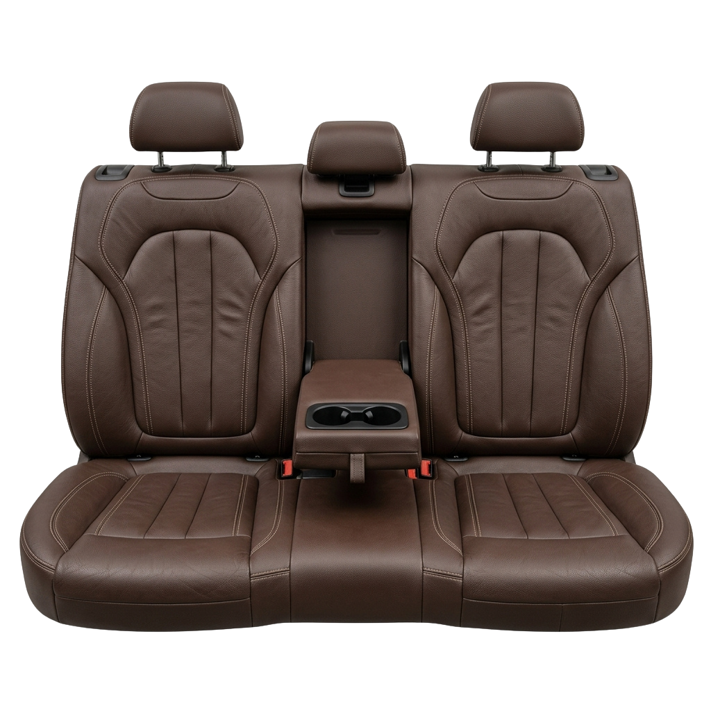 Brown leather rear bench seat with headrests and built-in cup holders